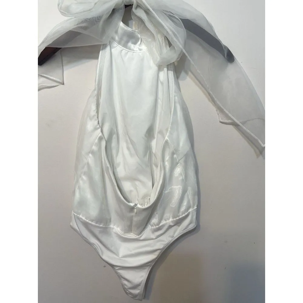 TCEC Pleated Organza Bodysuit In White NWT Rear Bow Detail Stretchy‎ Size Medium - Image 6