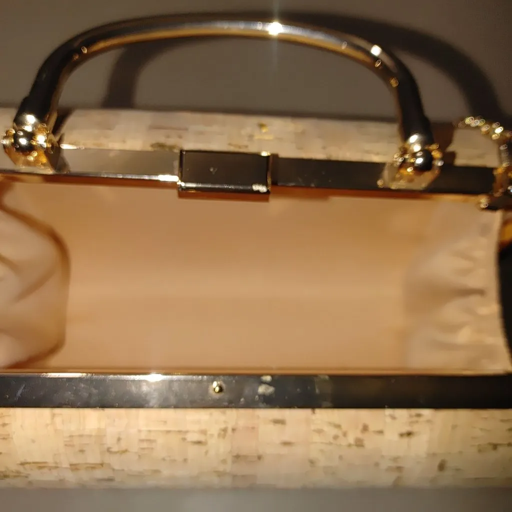Crossbody Cork Gold Tone Hard Shell Handbag Purse Bag Case Chain Metal Handle - Image 9