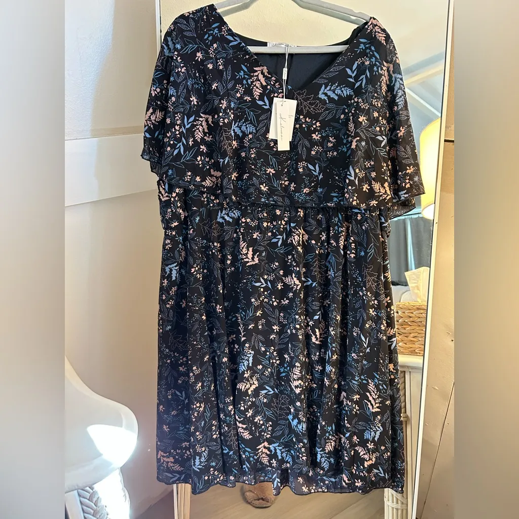 NEW Keluummi Blue Plus Size Floral Empire Waist Midi Flowy Dress 18 - Image 5