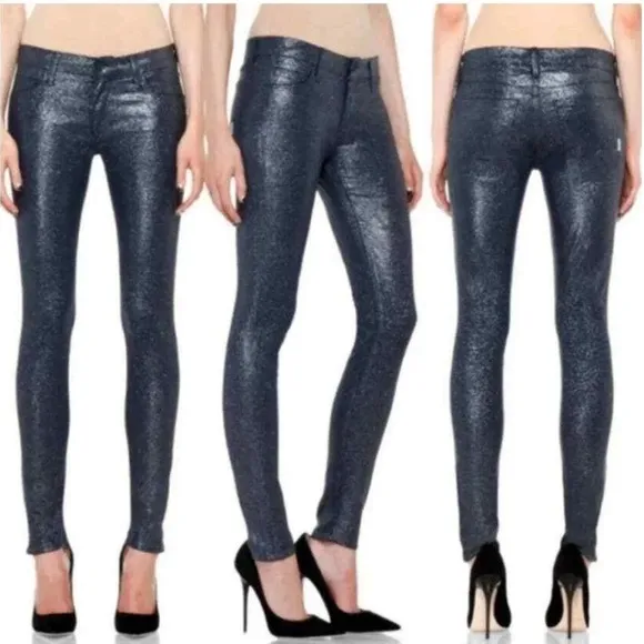 Mother The Looker Sparkle &Purr Glimmer Stone Blue Coated Skinny Jeans Sz 32 NEW Silver - Image 2