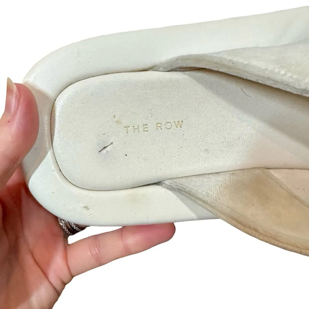 The Row Ginza Leather and Velvet Platform Flip Flops in Off White Sz:38/US8 - Image 13