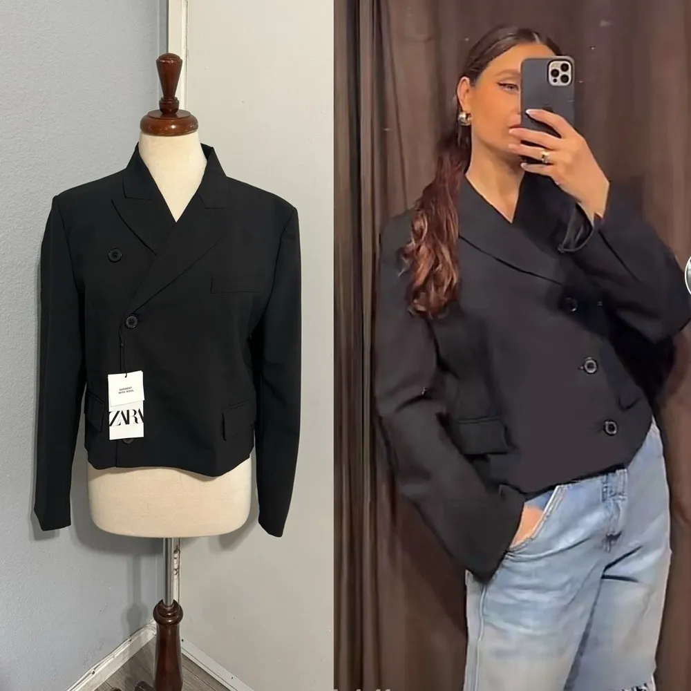 Zara Bloggers Favorite Black Double Breasted Cropped Wool Blend Blazer Sz‎ M - Image 2