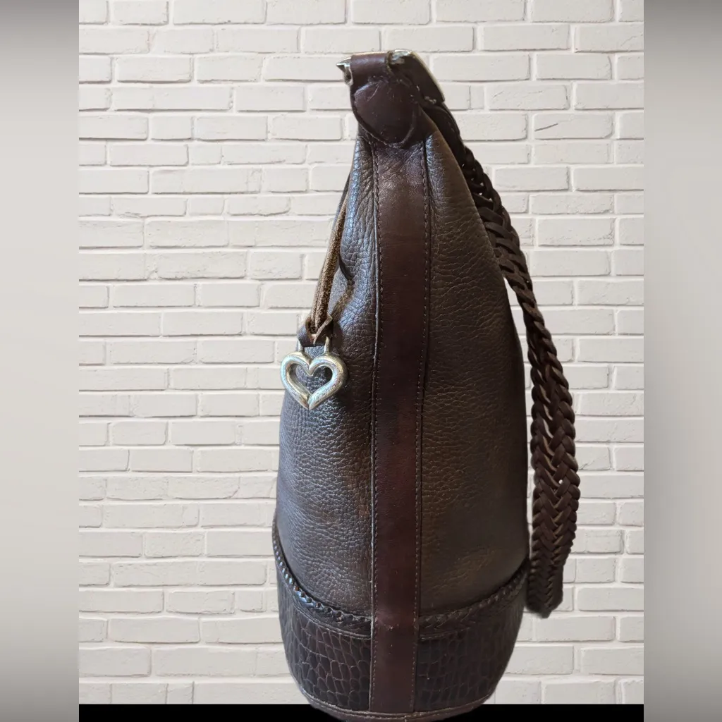 Brighton Brown Leather Braided Strap Hobo Bag Bali Collection Silver Heart - Image 5