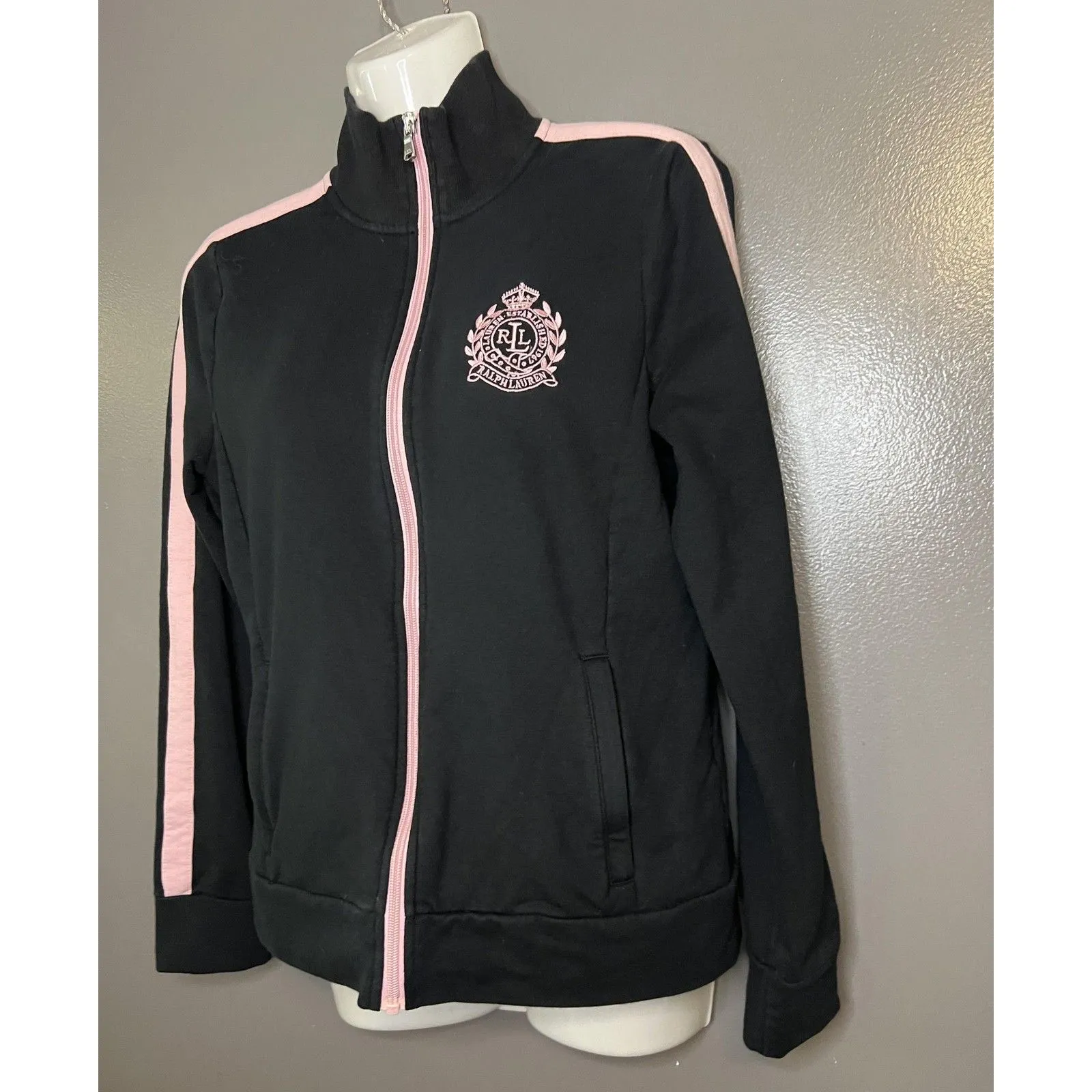 Lauren Ralph Lauren Jacket Womens Small Black Pink Full Zip Track Crest Athletic - Image 3