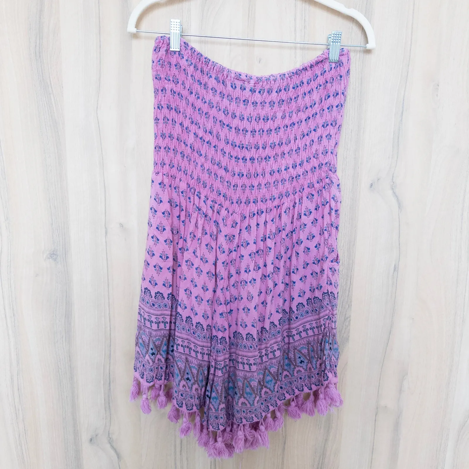 Raya Sun Womens Strapless Romper Size L Pink Smocked Floral Boho Beach Festival - Image 5