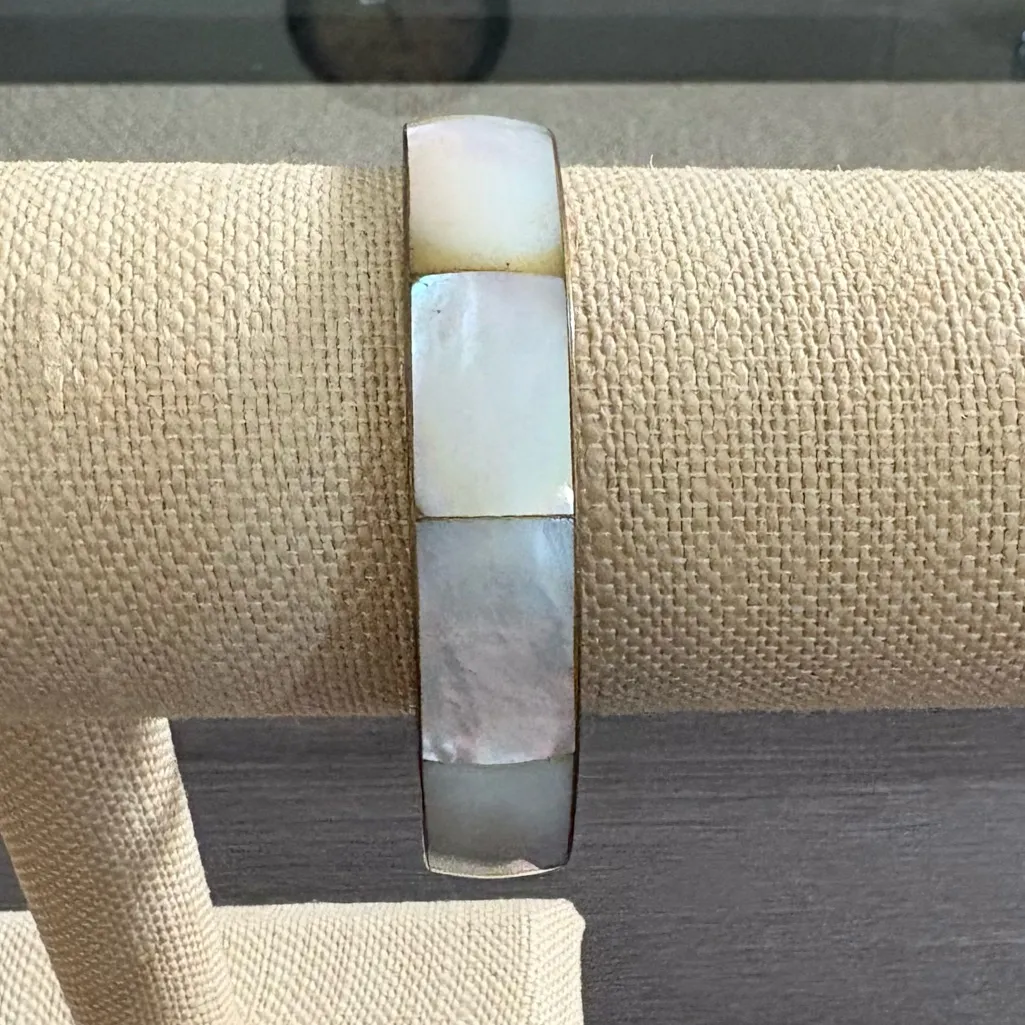 Brass Mother of Pearl Bangle Bracelet White - Image 2