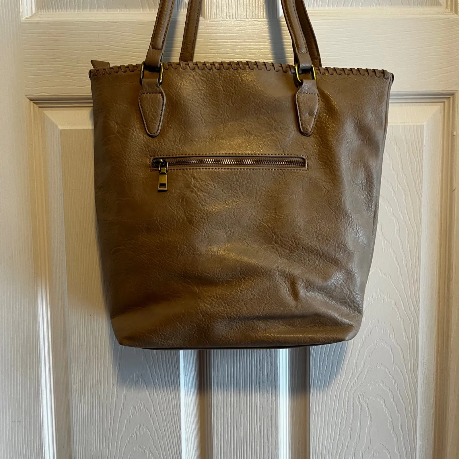 Antik Kraft Tan Faux Leather Tote Bag Whipstitch Detail Zipper Pocket - Image 8