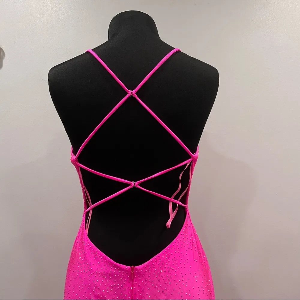 La Femme 29969 Neon Pink Beaded Strappy Bead Gown 8 - Image 6