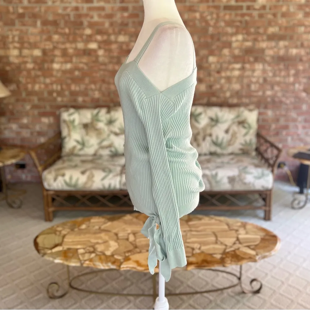 NWT Hem & Thread Sweater Cold Shoulder Ribbed Green Tie Hem S Dressy Party Mod - Image 5