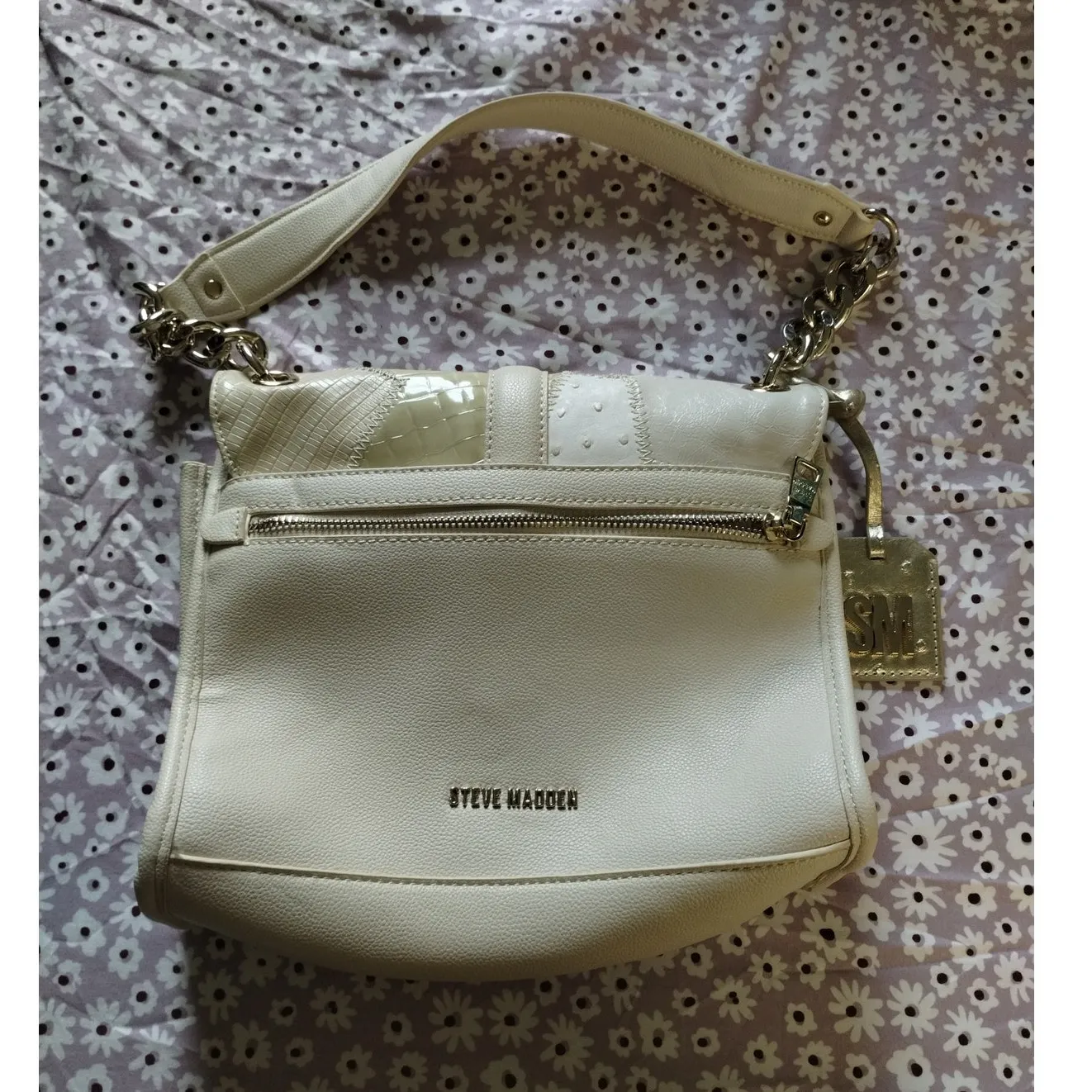 Steve Madden Padlock Flip Satchel Cream Patchwork Neutral Shoulder/Handbag Purse - Image 2