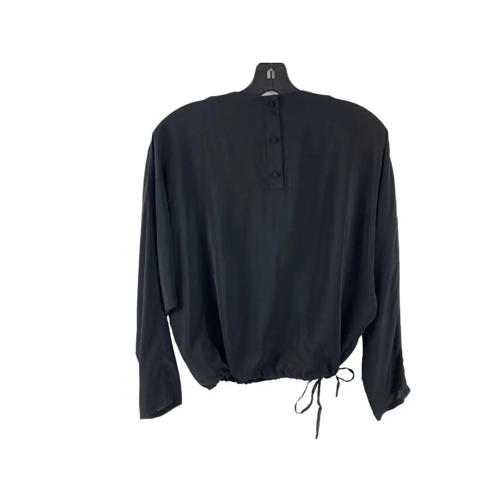 Vintage Oleg Cassini Beaded Silk Blouse Womens  14 Black Tie Waist Dolman Sleeve - Image 2