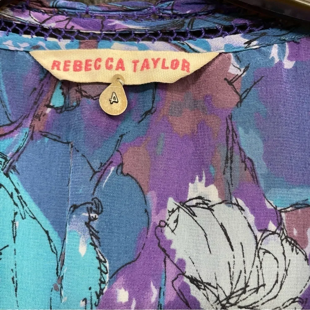 Rebecca Taylor Silk Purple Blue Floral 3/4 Sleeve Peasant Dress Size 4 - Image 7