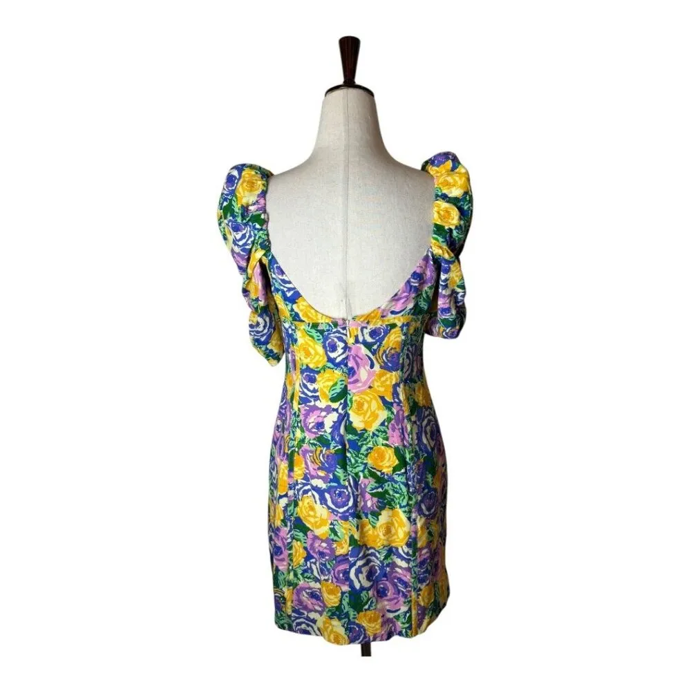 Zara Dress Women Medium Purple Yellow Floral‎ Balloon Sleeve Corset Style Mini - Image 4