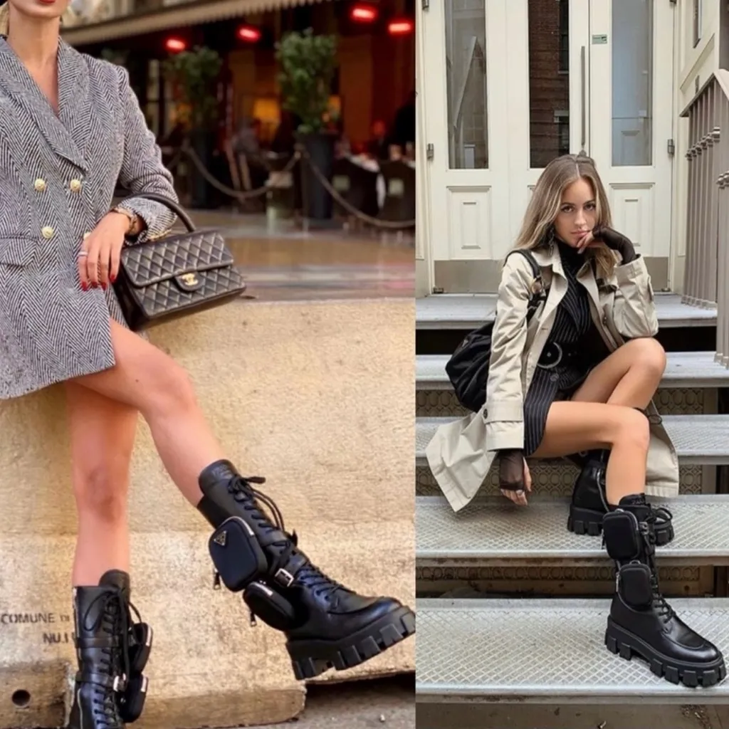 Prada Monolith Black Leather Combat Boots With Removable Pouches Tall Boot Sz 37 - Image 3