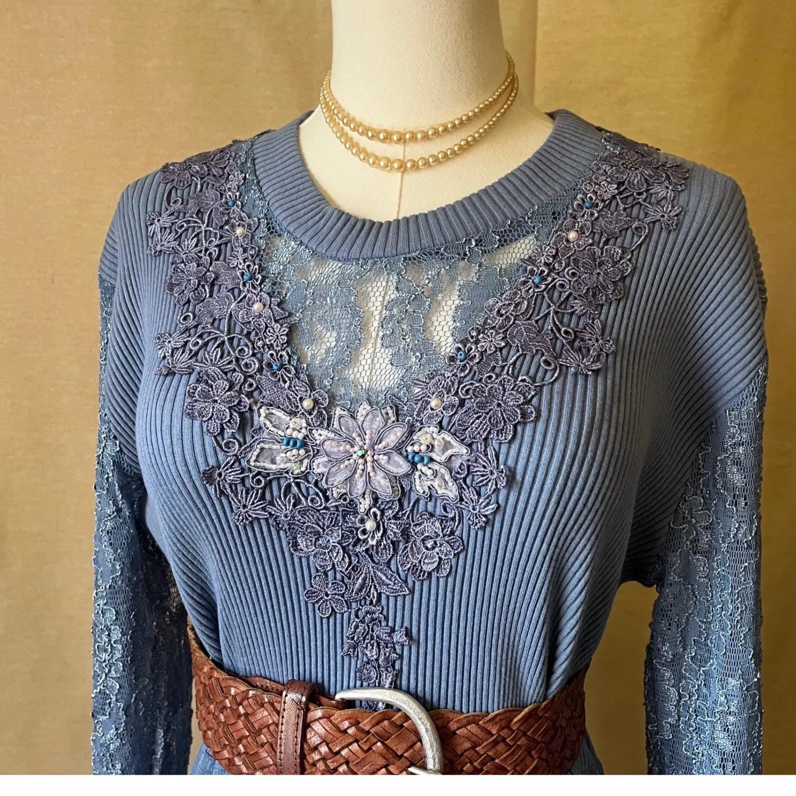 Vintage Blue‎ Lace Maxi Dress Boho Prairie Long Sleeve Made in USA Size S/M Blue Size M - Image 3