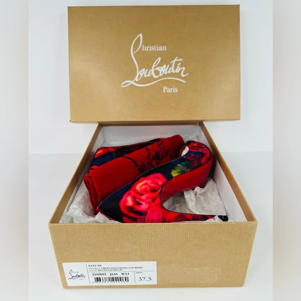 Christian Louboutin Kate 100mm Floral Crepe Satin Roses Pumps Size EU 37.5 - Image 2
