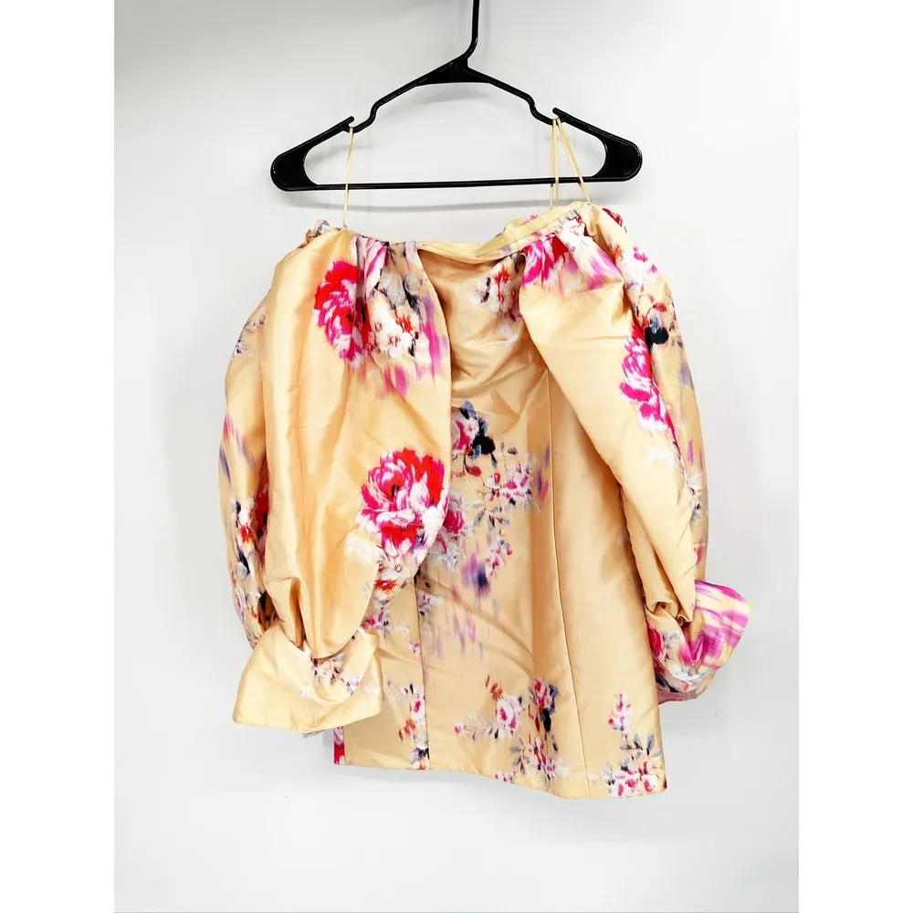 ASOS LUXE Drama Sleeve Structured Satin Off Shoulder Mini Dress in Floral Print - Image 2