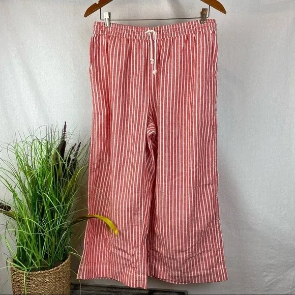 Beach Lunch Lounge Linen Blend Red & White Striped Capri Margo Pants M New - Image 2