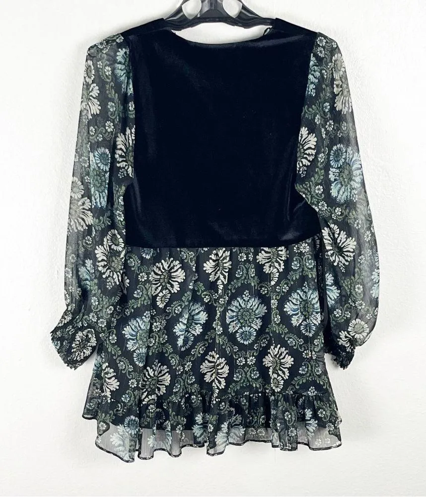 ZARA Black Floral Sheer Long Cuff Sleeves Velvet Velour Ruffle Trim Dress Small - Image 2