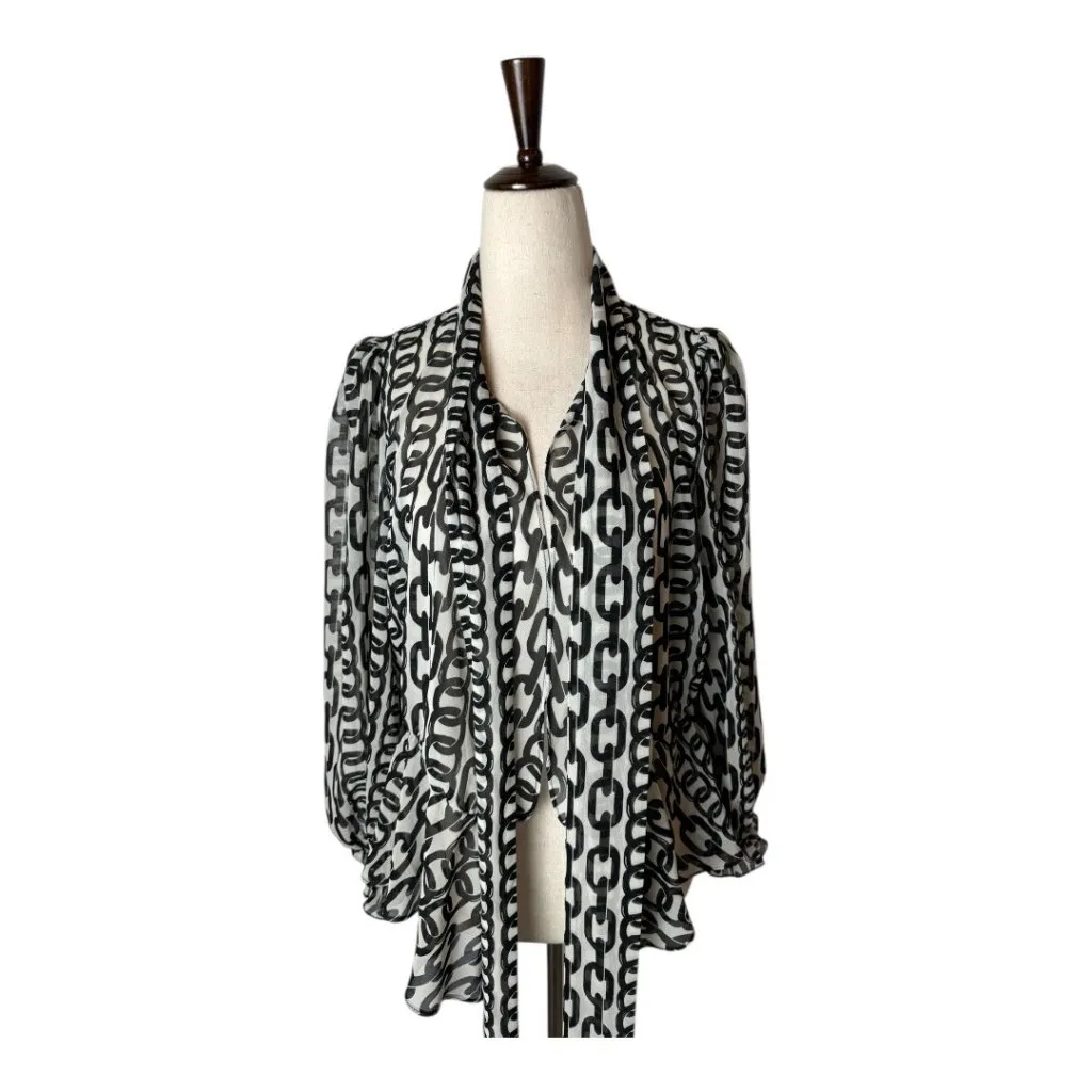 Zara‎ Shirt Women XS Ivory Black Chain Print Blouse Tie Neck Blouse Whimsigoth - Image 6