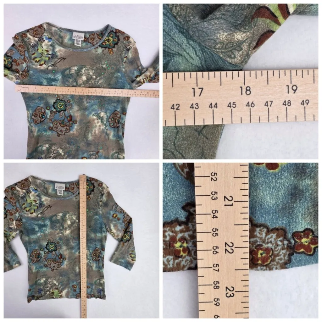 Classic Elements Womens Floral Top with Rhinestone Size Small Brown Blue Green - Image 7