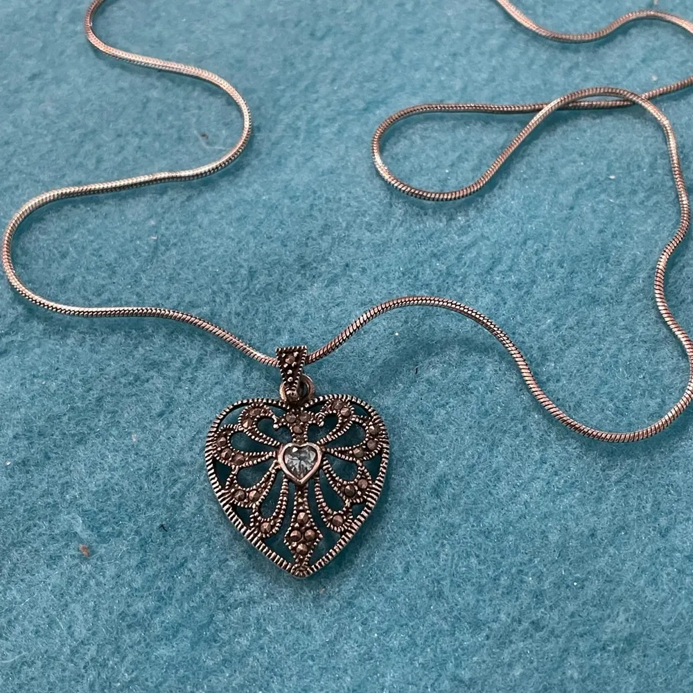 Sterling Heart Filagree Marcasite and Topaz Pendant and Chain - Image 4