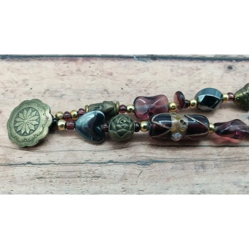 Double Strand Beaded Bracelet Fish Heart Seashell Charms 8" Toggle Clasp Brown - Image 9