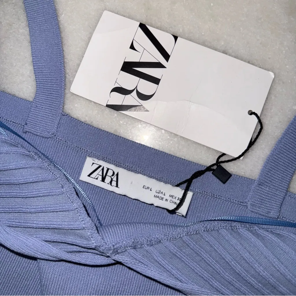 Zara Blue Ribbed Knit V Neck Bralette Crop Top Womens Large New NWT - Image 4