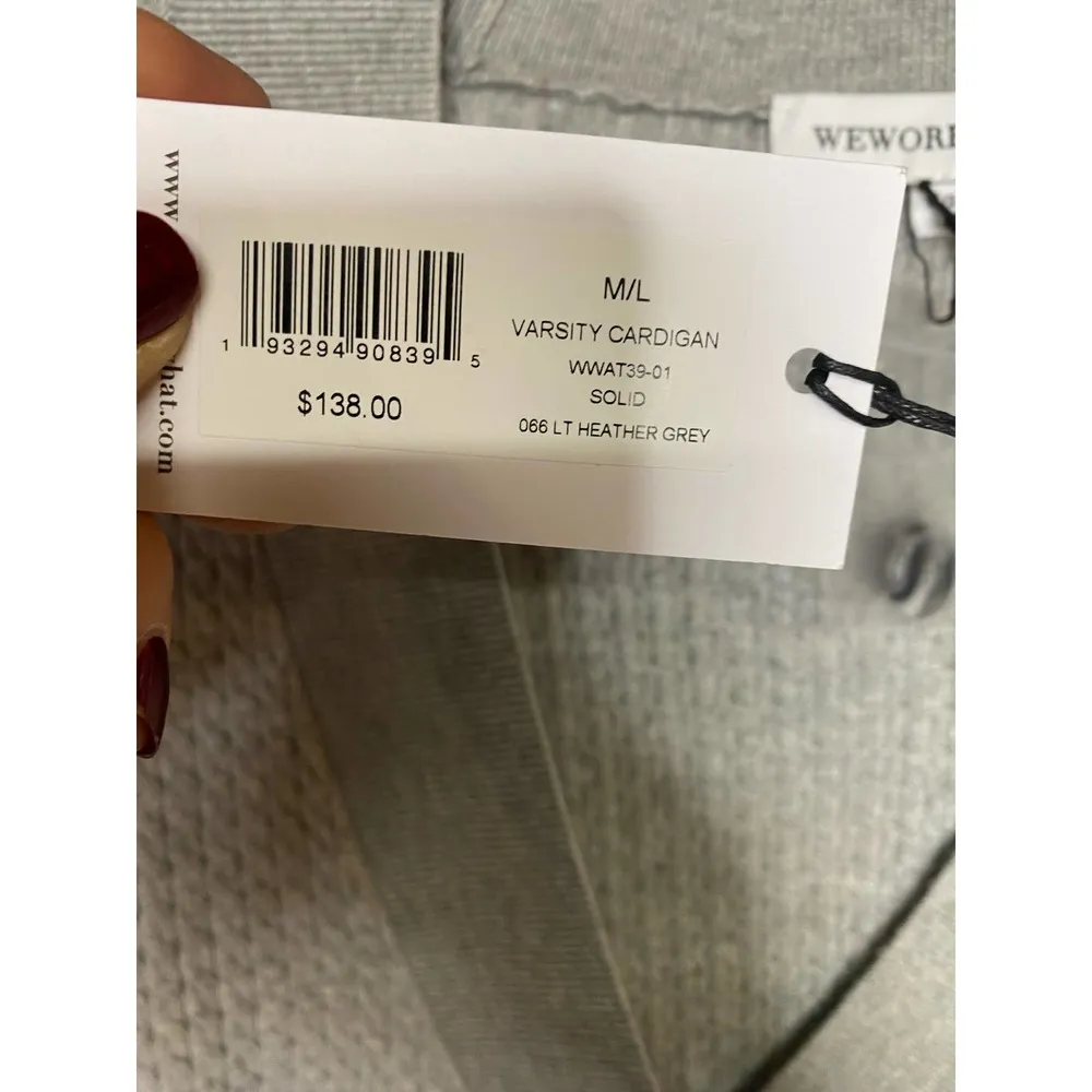 NWT We Wore What Varsity Cardigan M/L Heather Gray Button Front Knit V-Neck - Image 3