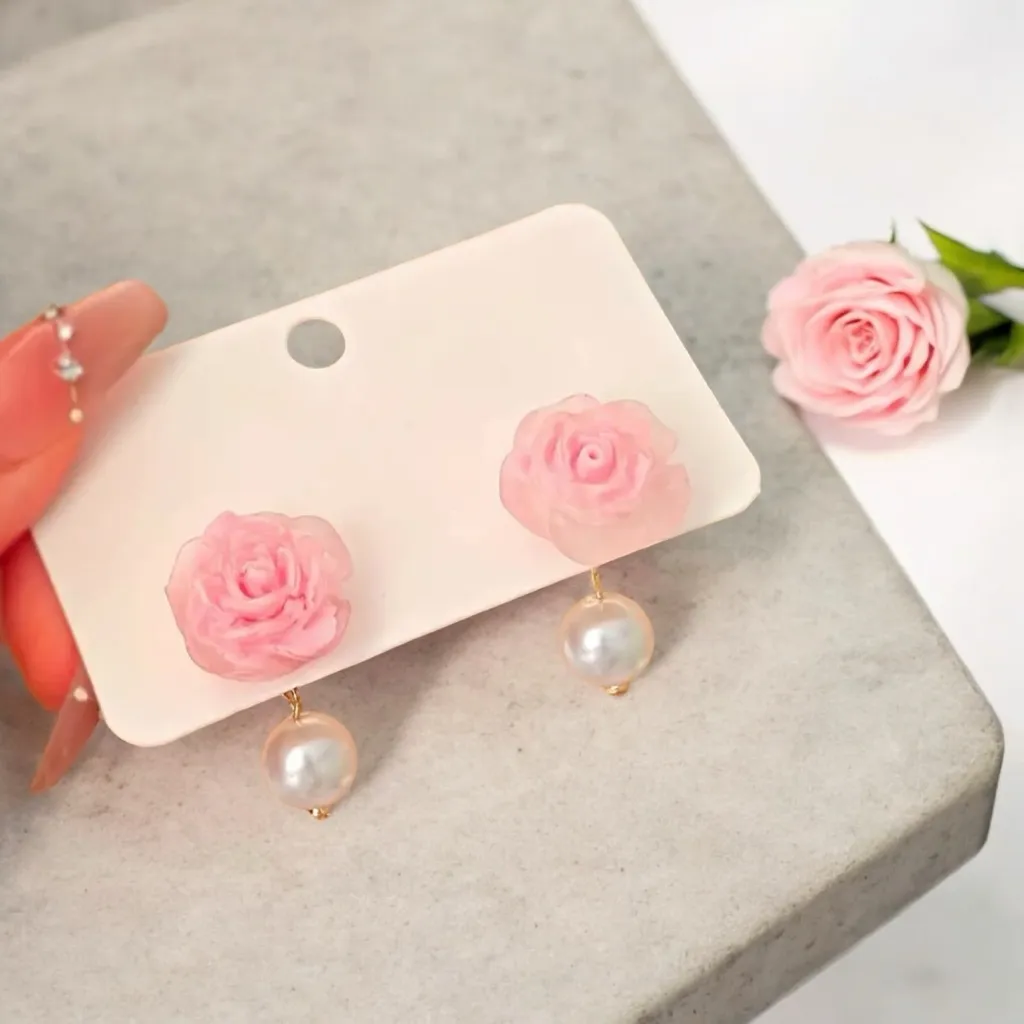 Cute Pink Rose Flower Stud Earrings with Pearlescent Bead Alloy‎ Crafted Floral - Image 6