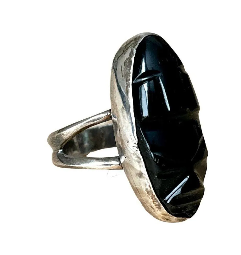 Sterling Silver Carved Face Ring, Vintage Mexican Tribal Jet Face Ring Sz 9.5 - Image 2
