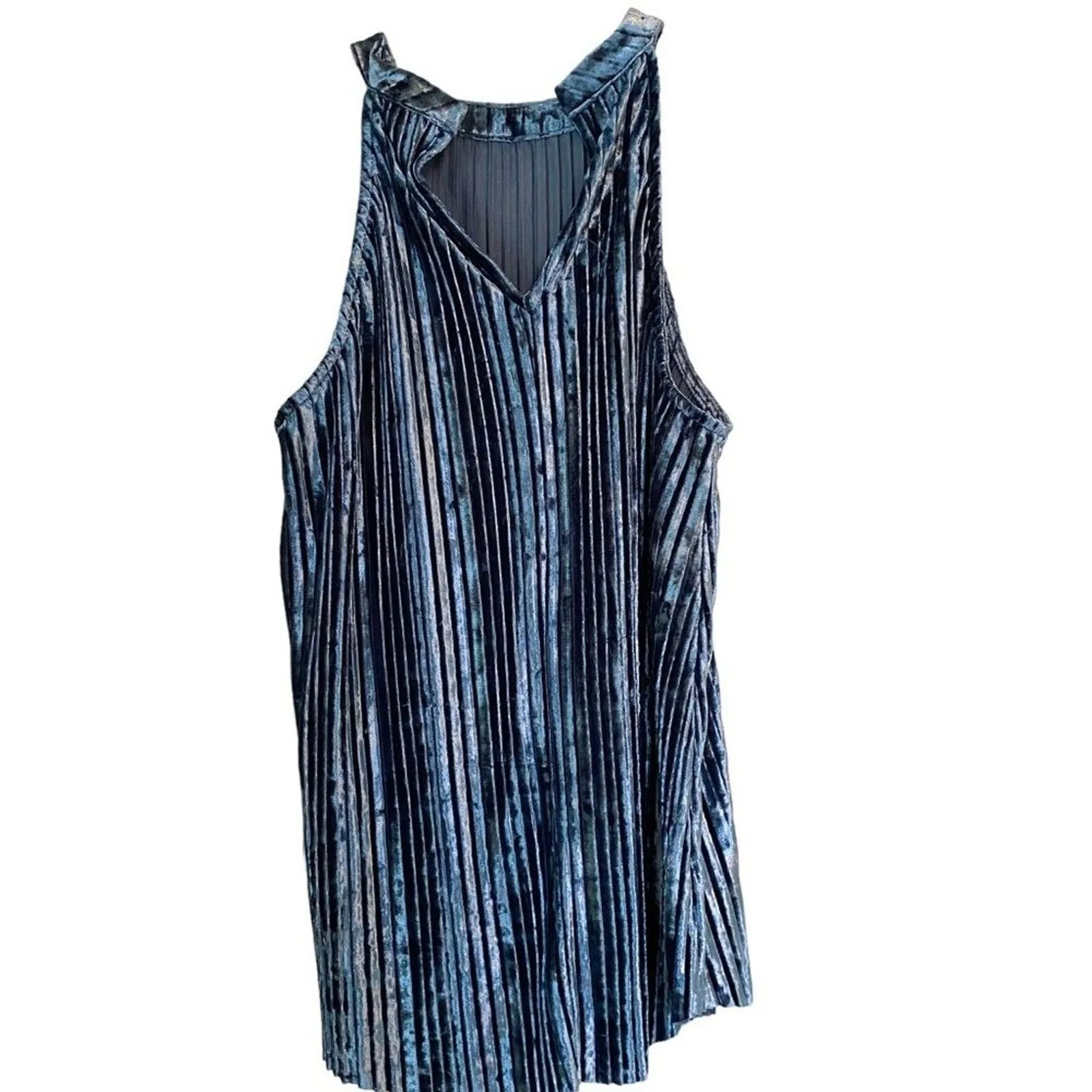 Loverich Blue Crushed Velvet Pleated High Neck Swing Tank Top Size Small Elegant - Image 6