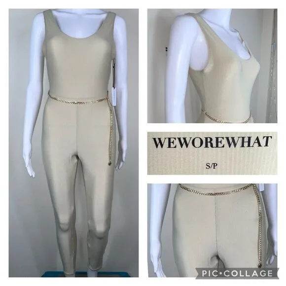 WeWoreWhat Solid Rib Scoop Jumpsuit in Khaki with Gold Chain Belt - Image 2