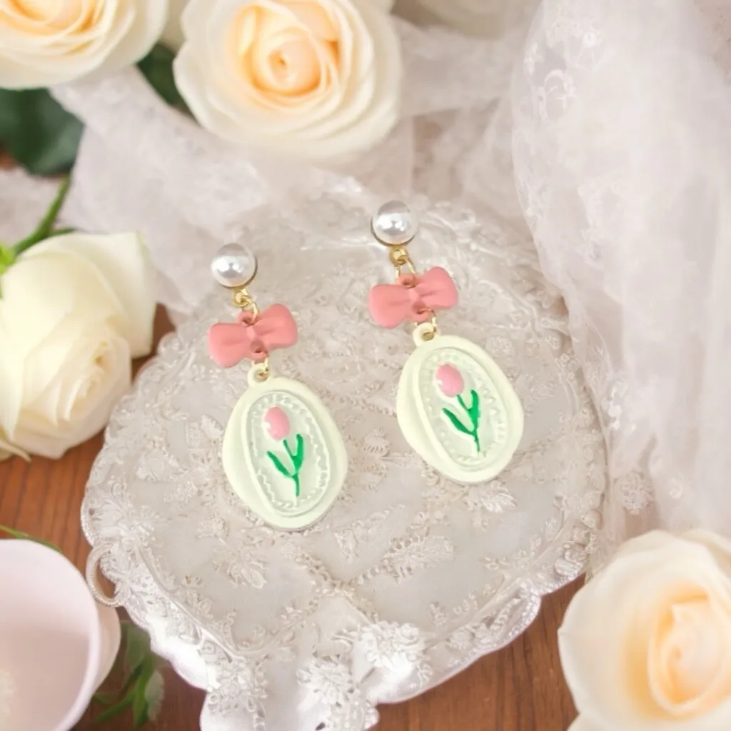 Cute Tulip White Earrings‎ Elegant Pink Bowknot Dangle Earrings - Image 4