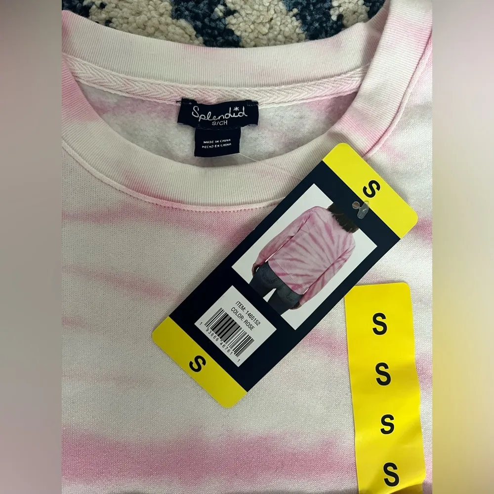 🆕 NWT Splendid Pink White Tie Dye Cozy Crewneck Pullover Sweatshirt, Small - Image 5