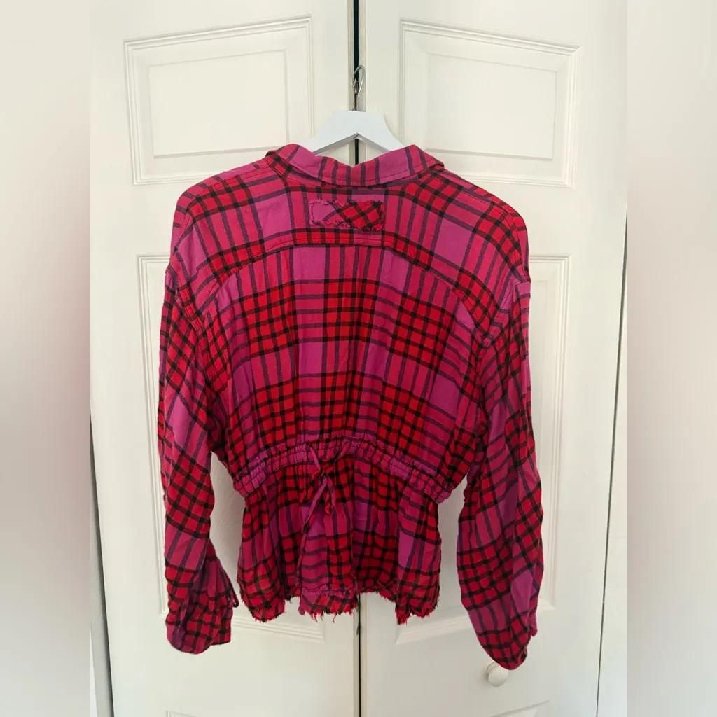 Free People We the Free Pacific Dawn Plaid Shirt Pink Red Black Peplum Size S - Image 9