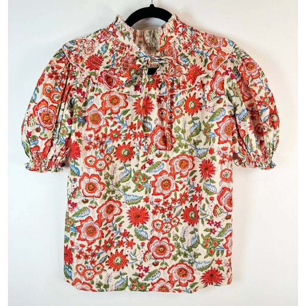 New Sohana Womens Top Floral Puffed Blouse Smocked Yoke Babydoll Cottagecore XS Red - Image 4