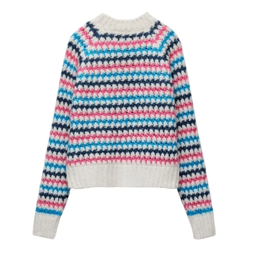 Zara Multicolor Rainbow Stripe Knit Sweater Soft Cozy Oversized Crew Neck Size S - Image 4