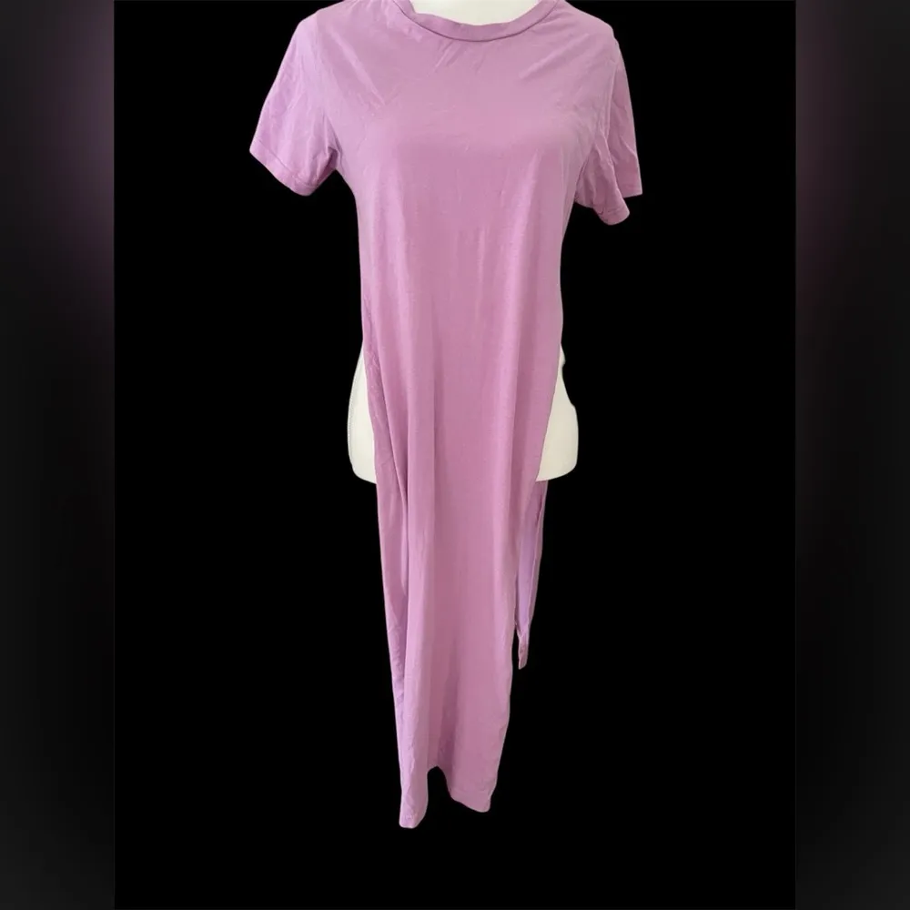 Woman On Fire Crew Neck Split Slit Hem short Sleeve Slim Fit Tee Top Long Shirt - Image 5