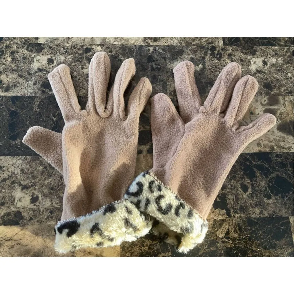 New Leopard Faux Fur Gloves Animal Print Winter Furry Fuzzy Nwt Tan - Image 2