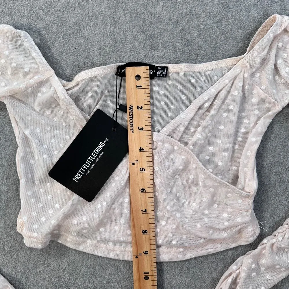 Pretty Little Thing Dobby Mesh Sheer Ruched Sleeve Bardot Crop Top Size 4 New - Image 7