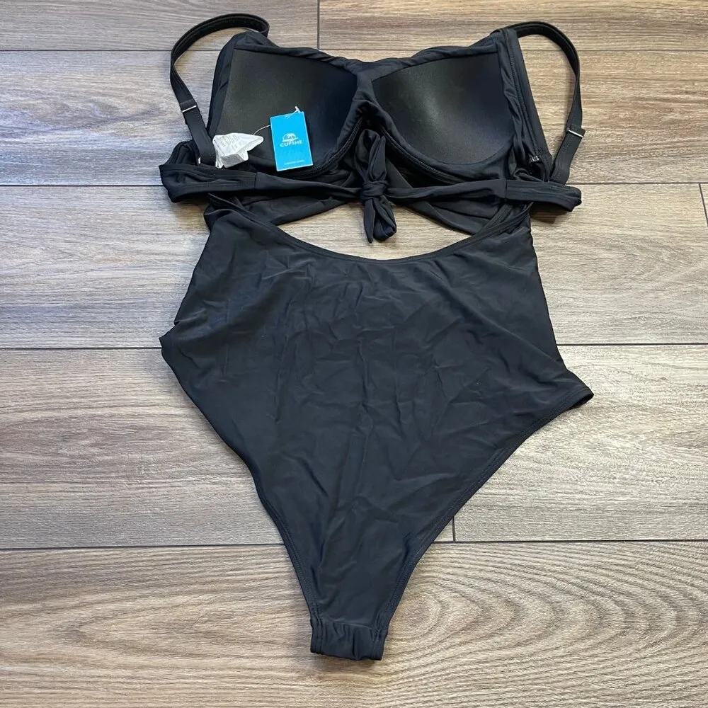 Cupshe One Piece Swimsuit Womens Large V Neck Cutout Back Tie Swimwear Black NEW - Image 4