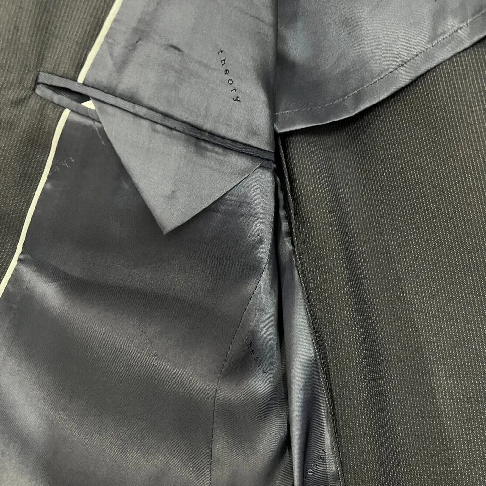 Theory  Wool Blazer Jacket Pinstripe Two Button Business Career Navy Size Unknown - Image 7