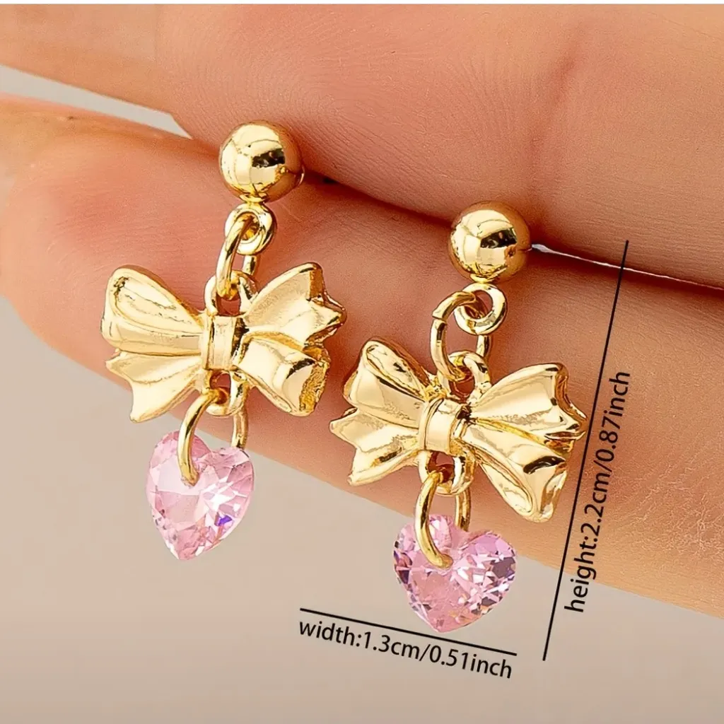 Gold Bow Drop Earrings with Pink Heart Crystals Cute Coquette Jewelry NWT - Image 3