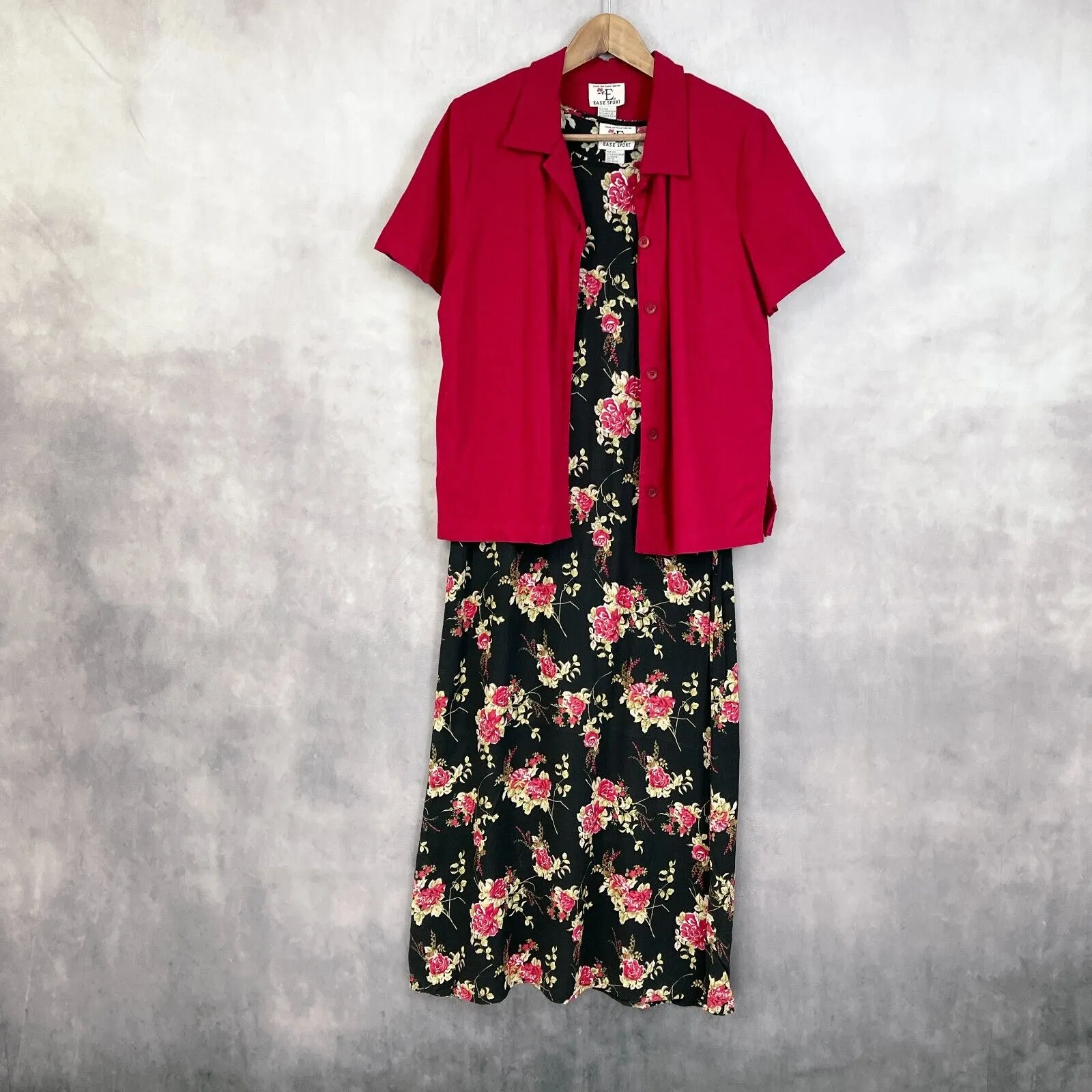 Ease Sport Dress Set Women 12 Dark Floral Linen Rayon Cottagecore Feminine Retro Red - Image 2