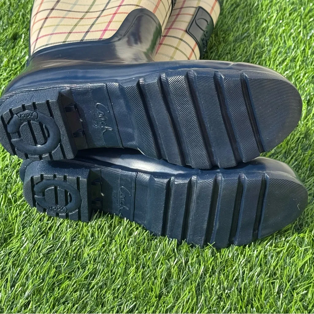 Coach Perl Navy Plaid Pattern Rain Boots for Women Size 8B - Image 7