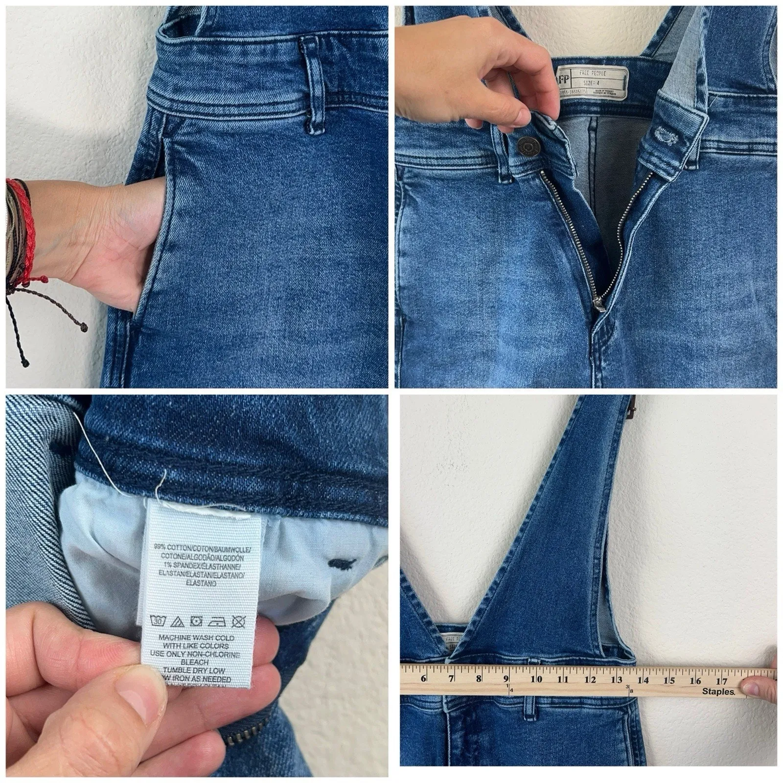 Free People Denim Jumpsuit Overalls Size 4 Wide Leg Cropped Adjustable Straps - Image 7