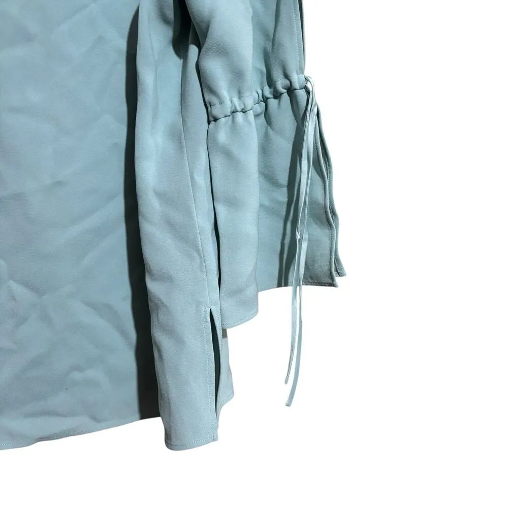 Lafayette 148 New York Top Womens Large Blue Solid Tie Sleeves Acetate Blouse - Image 4