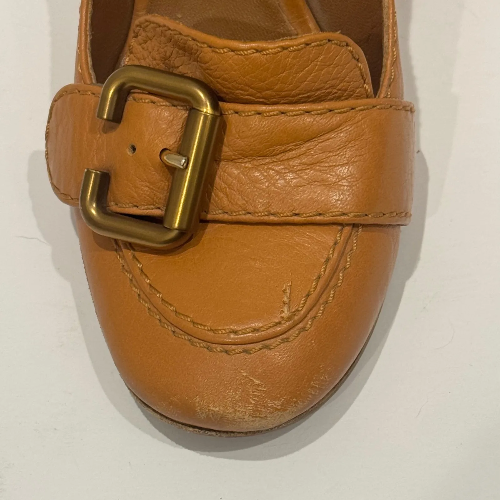 Chloe Women Tan Leather Block Heel Loafer Pumps Buckle Size 37 Preppy Schoolgirl - Image 5