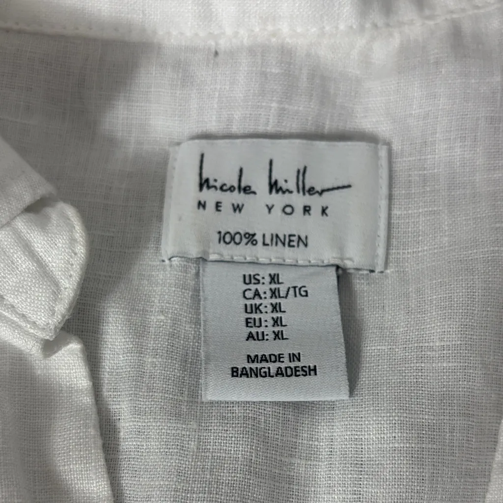 Nicole Miller New York Linen Cap Sleeve Collared Shirt‎ Top XL White - Image 2